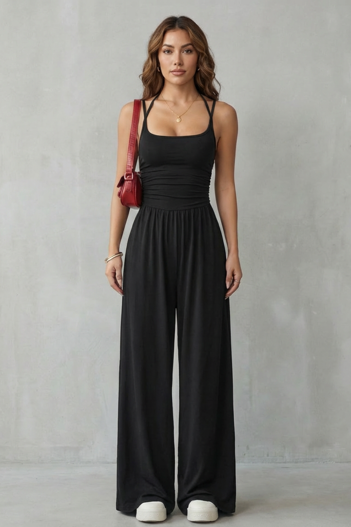 Lunarra | Double Strap Ruched Wide-Leg Jumpsuit
