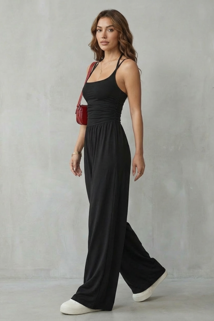 Lunarra | Double Strap Ruched Wide-Leg Jumpsuit