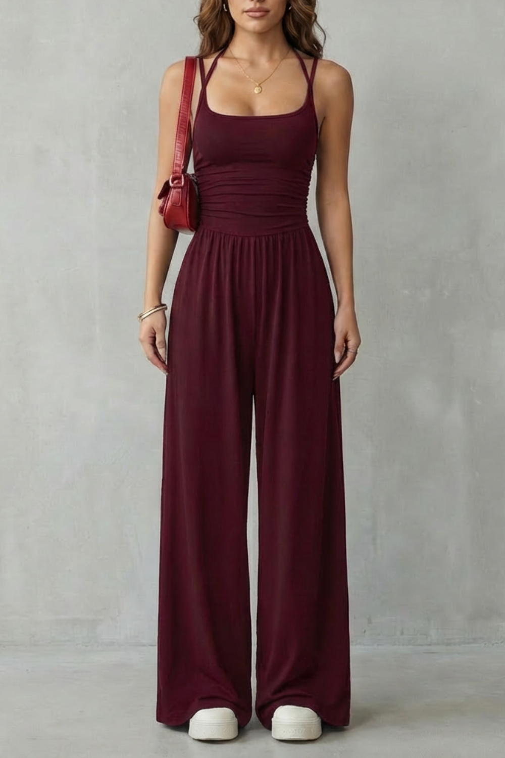 Lunarra | Double Strap Ruched Wide-Leg Jumpsuit
