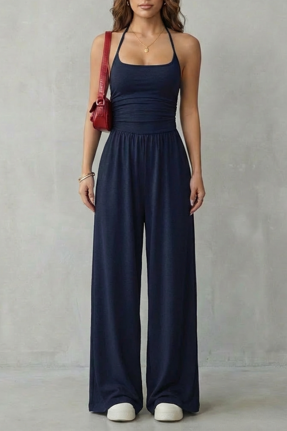 Lunarra | Double Strap Ruched Wide-Leg Jumpsuit