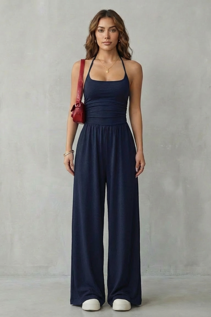 Lunarra | Double Strap Ruched Wide-Leg Jumpsuit