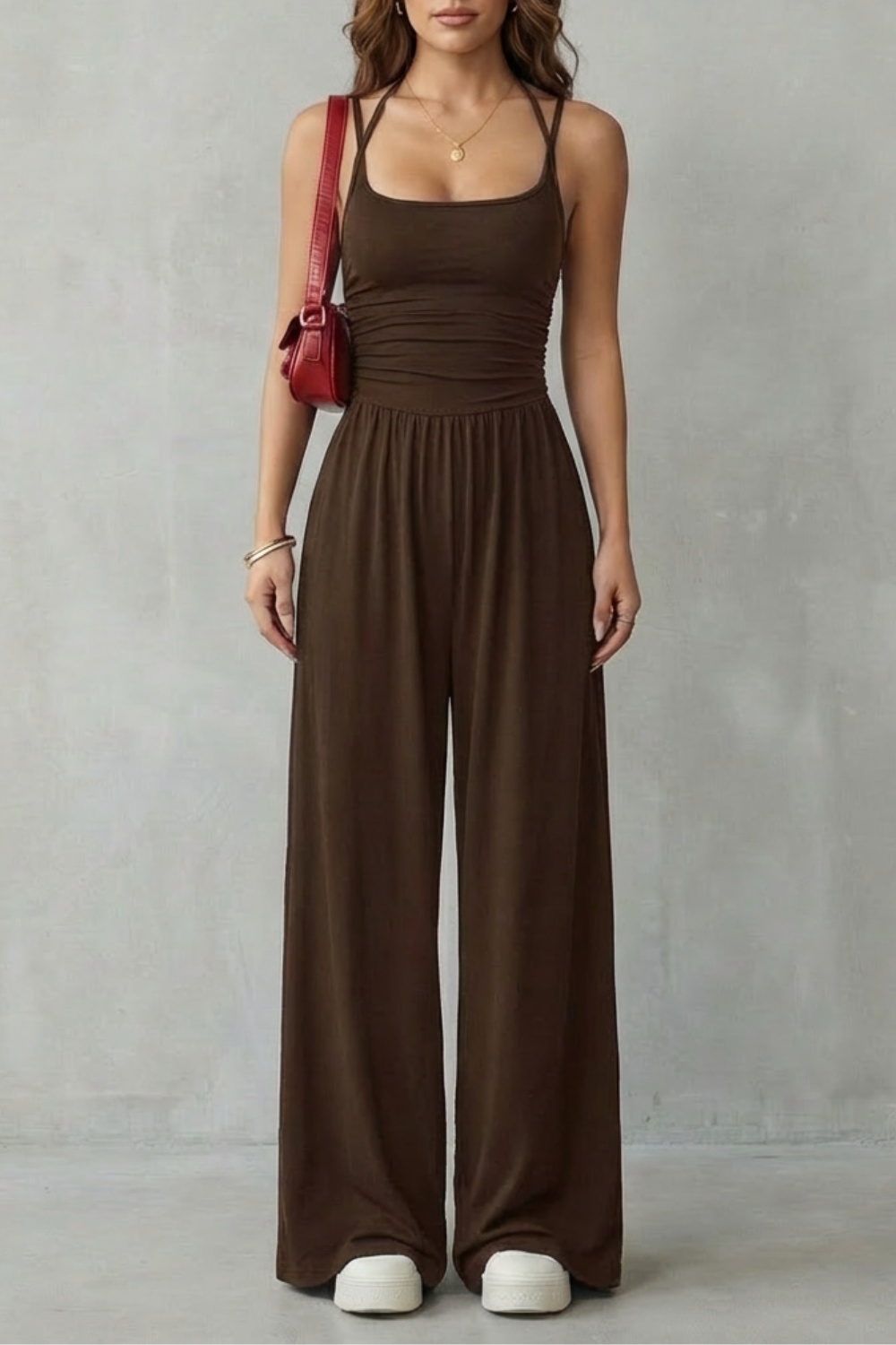 Lunarra | Double Strap Ruched Wide-Leg Jumpsuit