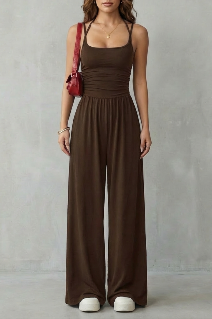 Lunarra | Double Strap Ruched Wide-Leg Jumpsuit