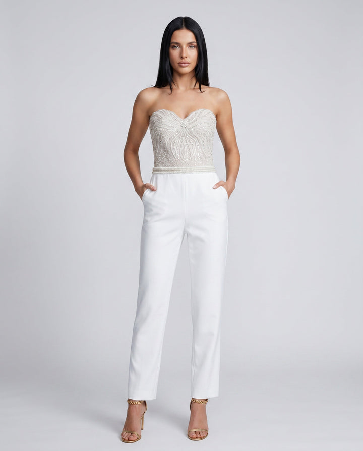 Selène | Strapless Sequin Bodice Straight Leg Jumpsuit