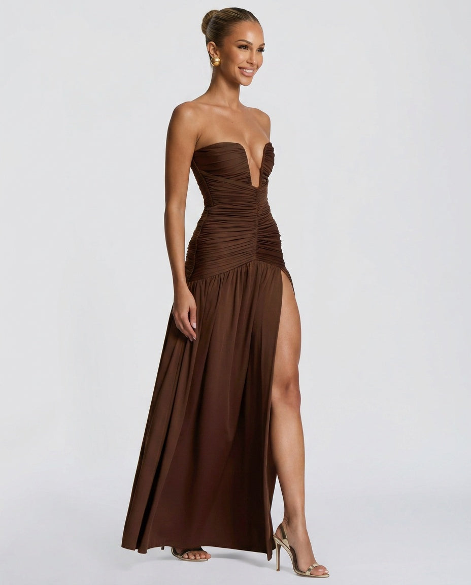 Maeve | Gathered Side Slit Maxi Dress