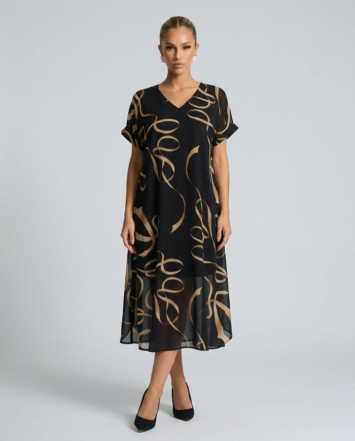 Tessa | V-Neck Bat-Sleeve Bow Print Midi Dress
