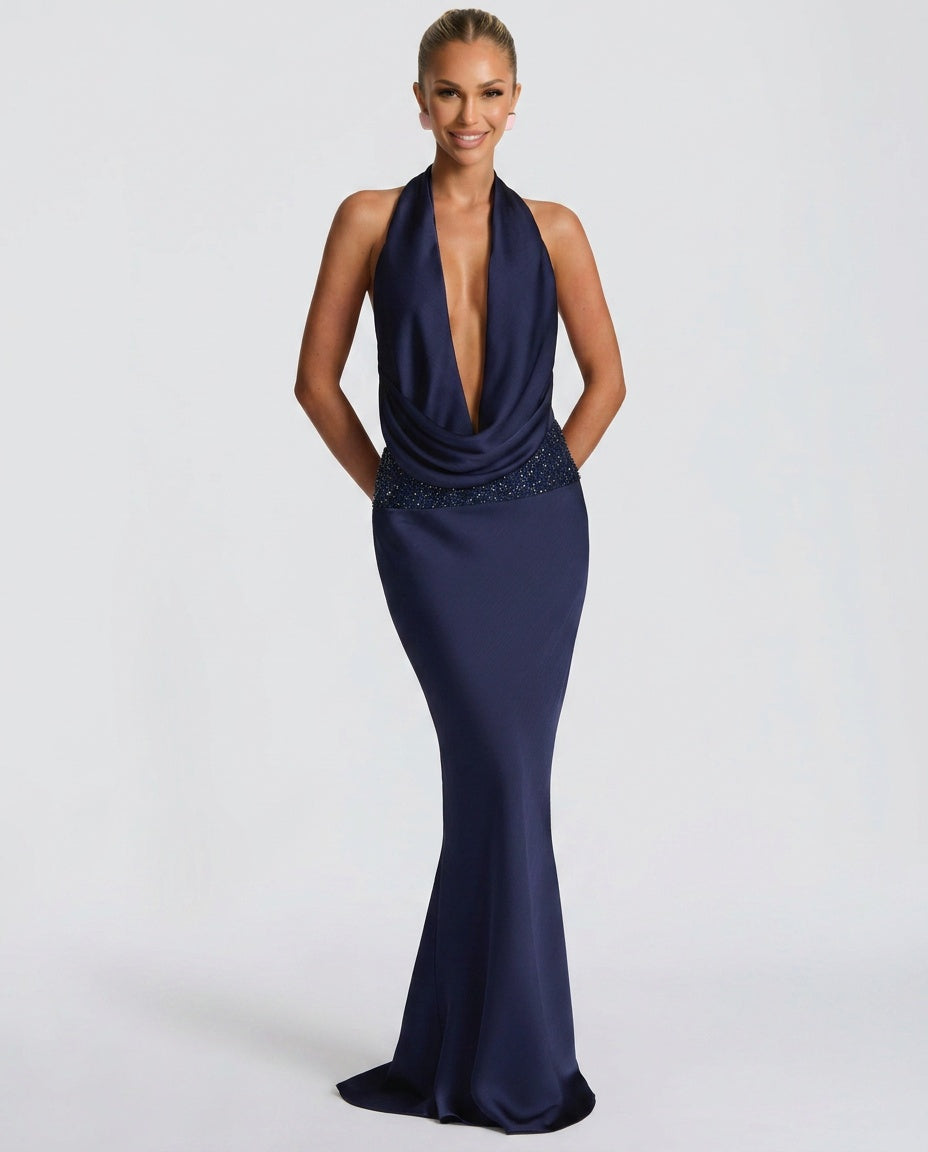 Giselle | Halter Neck Beaded Embroidered Maxi Dress