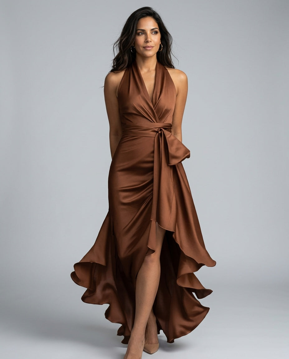 Velara | Off-Shoulder V-Neck Satin Maxi Dress