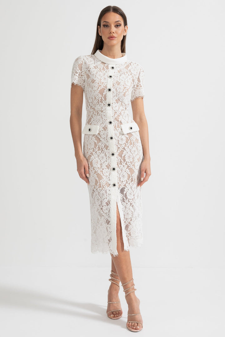 Viola | Short Sleeve Lace Belted Midi Dress