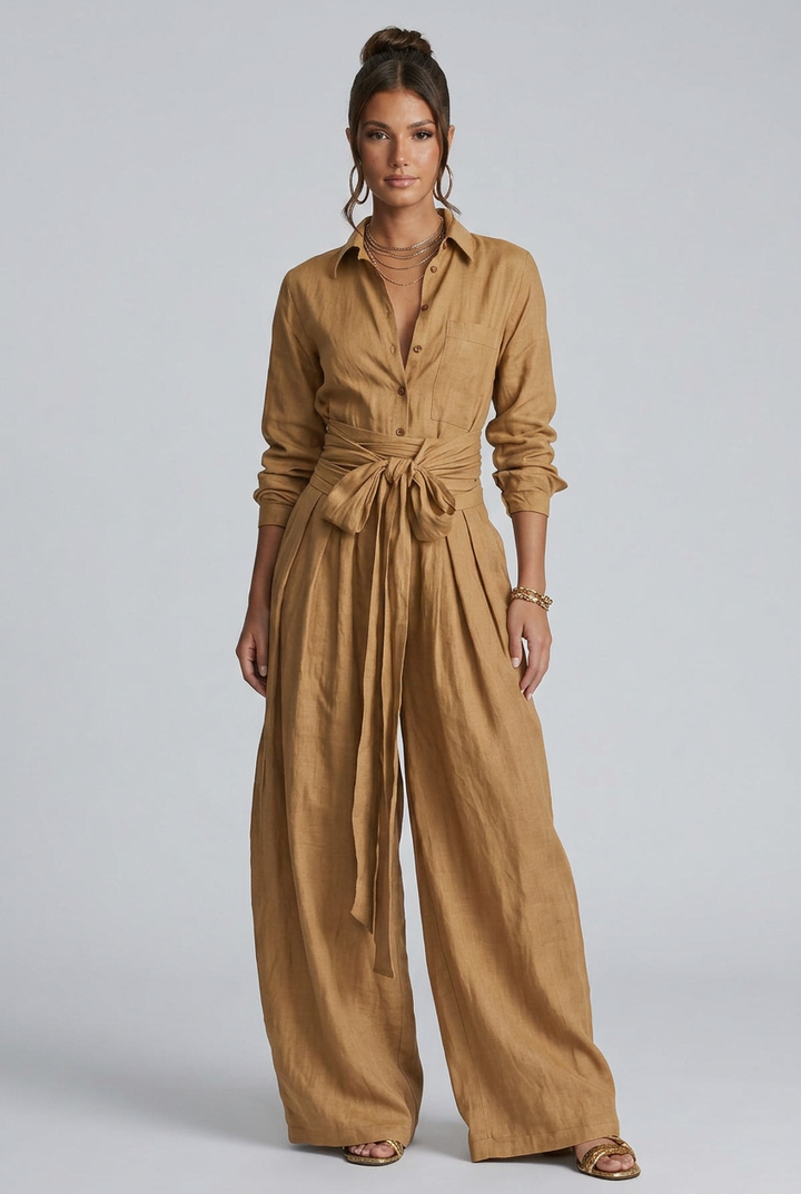 Marlowe | Long-Sleeve Shirt Collar Wide-Leg Jumpsuit With Tie Belt