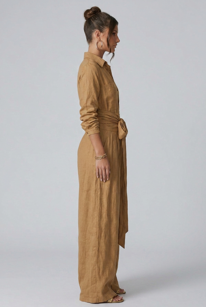 Marlowe | Long-Sleeve Shirt Collar Wide-Leg Jumpsuit With Tie Belt