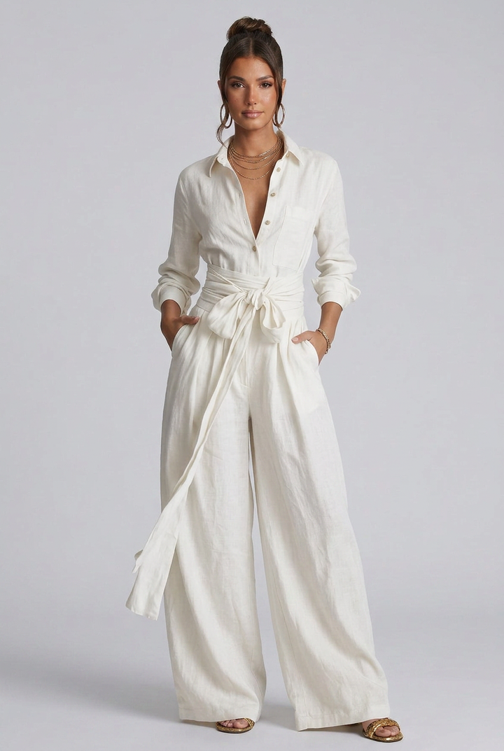 Marlowe | Long-Sleeve Shirt Collar Wide-Leg Jumpsuit With Tie Belt