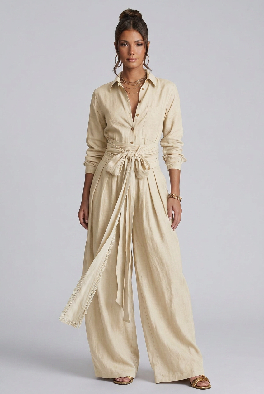 Marlowe | Long-Sleeve Shirt Collar Wide-Leg Jumpsuit With Tie Belt