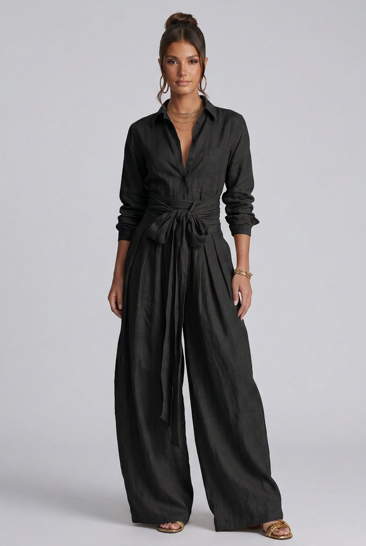 Marlowe | Long-Sleeve Shirt Collar Wide-Leg Jumpsuit With Tie Belt