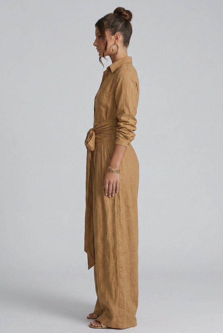 Marlowe | Long-Sleeve Shirt Collar Wide-Leg Jumpsuit With Tie Belt