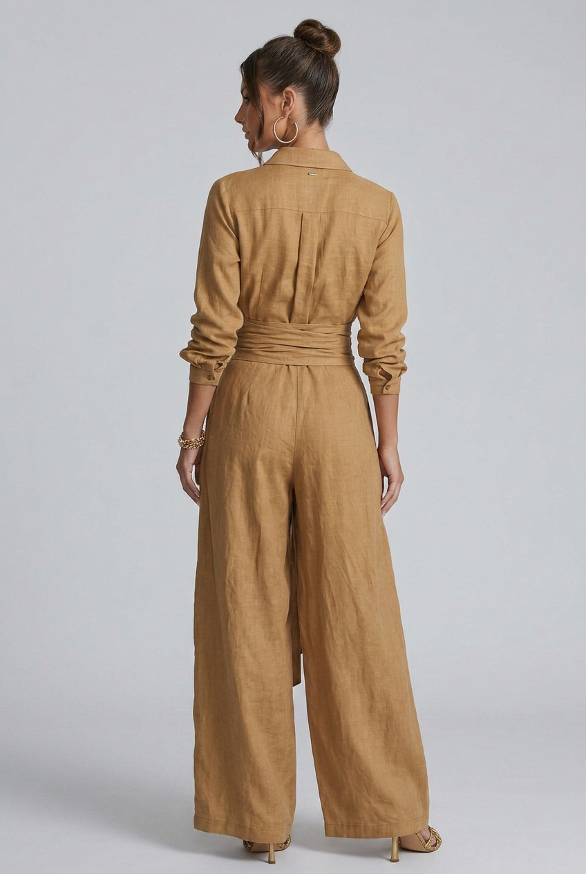 Marlowe | Long-Sleeve Shirt Collar Wide-Leg Jumpsuit With Tie Belt