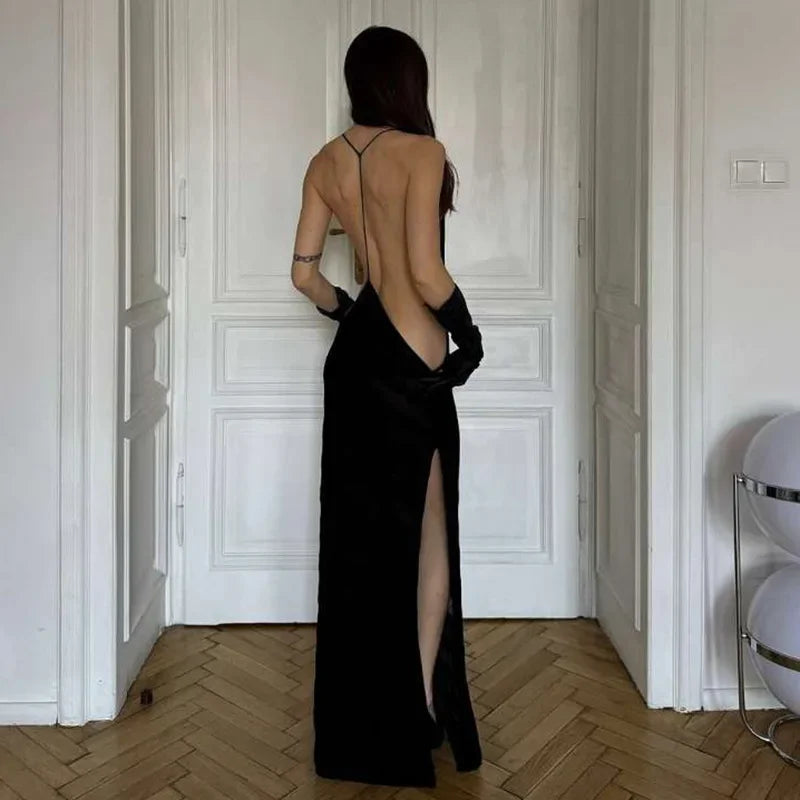Ravène | Sheer Mesh Halter Open Back Maxi Dress