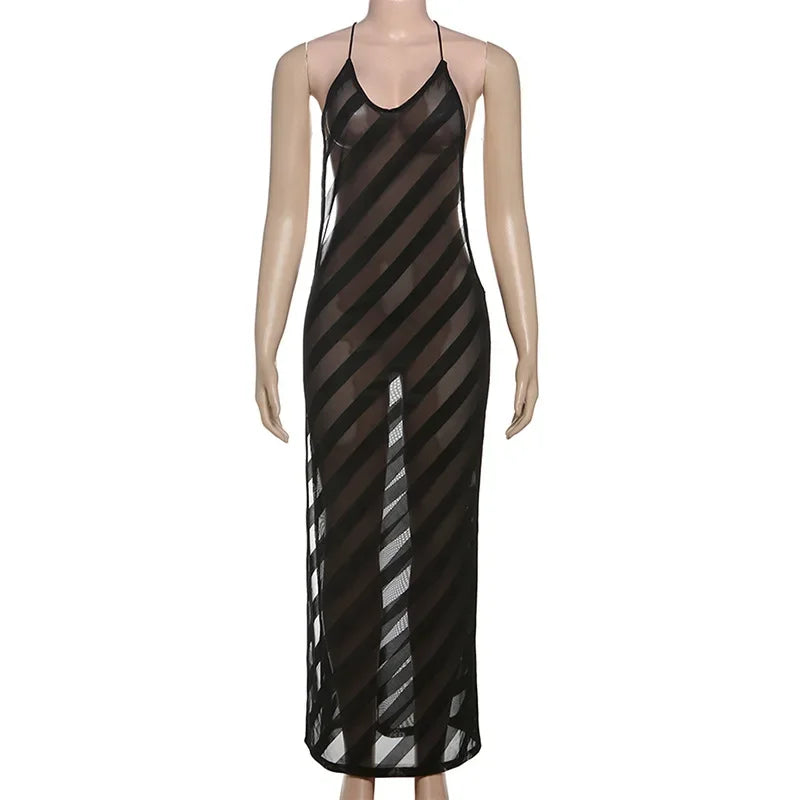 Ravène | Sheer Mesh Halter Open Back Maxi Dress