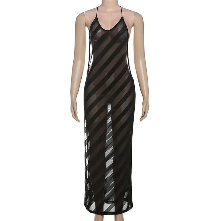 Ravène | Sheer Mesh Halter Open Back Maxi Dress