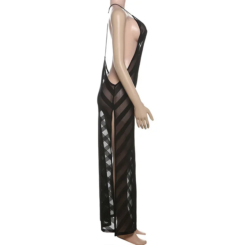 Ravène | Sheer Mesh Halter Open Back Maxi Dress