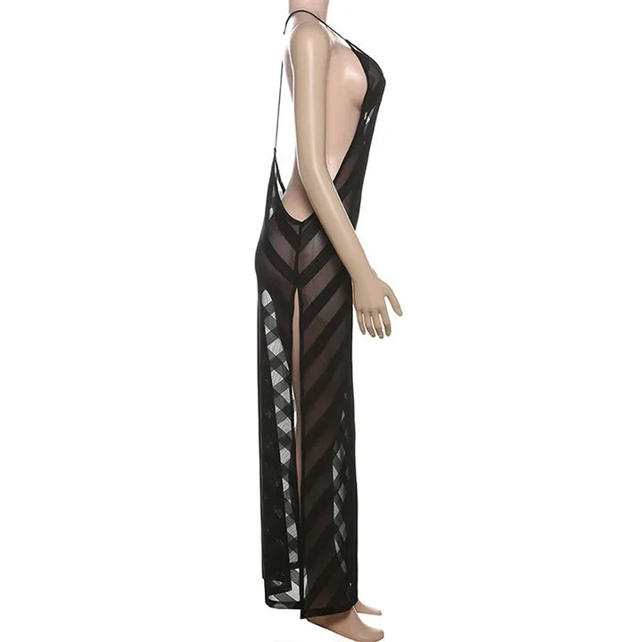 Ravène | Sheer Mesh Halter Open Back Maxi Dress