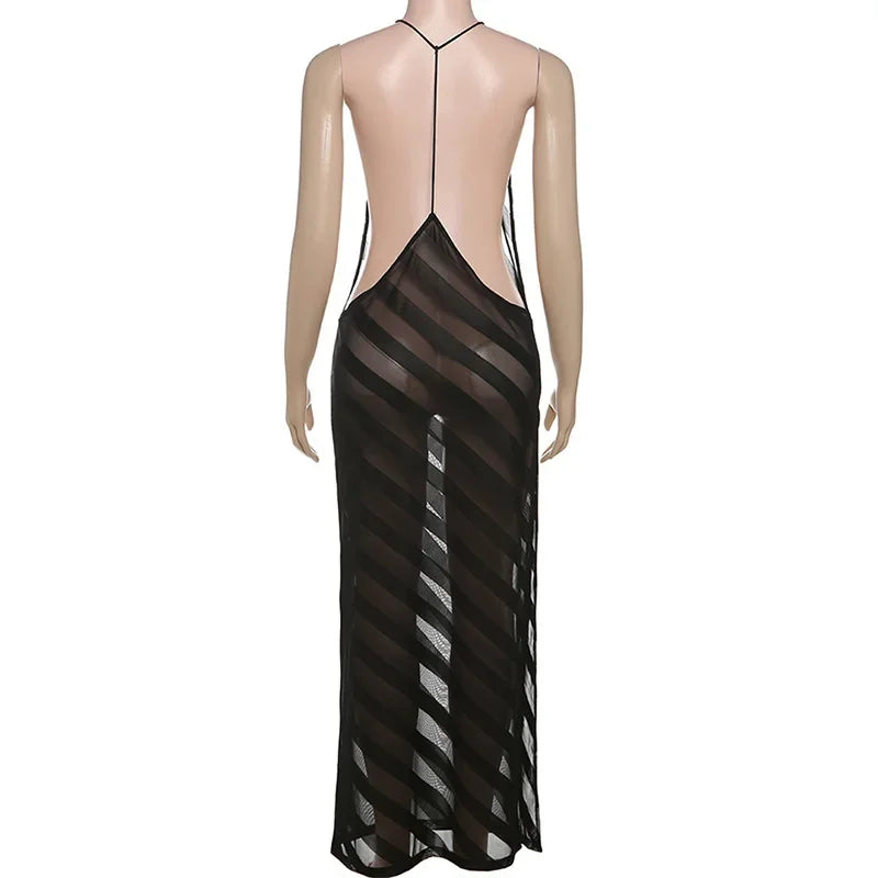 Ravène | Sheer Mesh Halter Open Back Maxi Dress