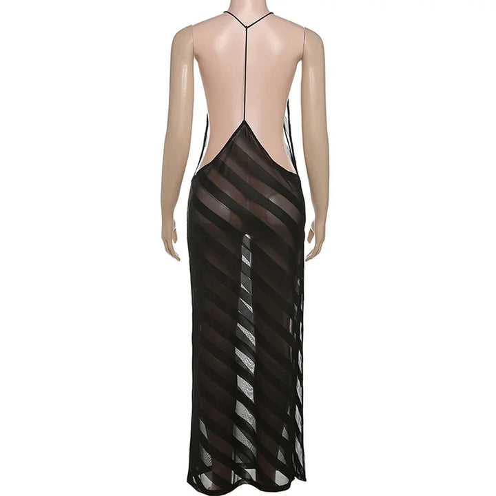 Ravène | Sheer Mesh Halter Open Back Maxi Dress