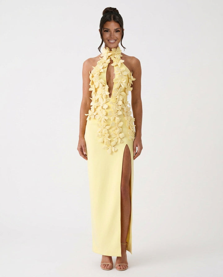 Kira | 3D Floral Halter Neck Bandage Maxi Dress