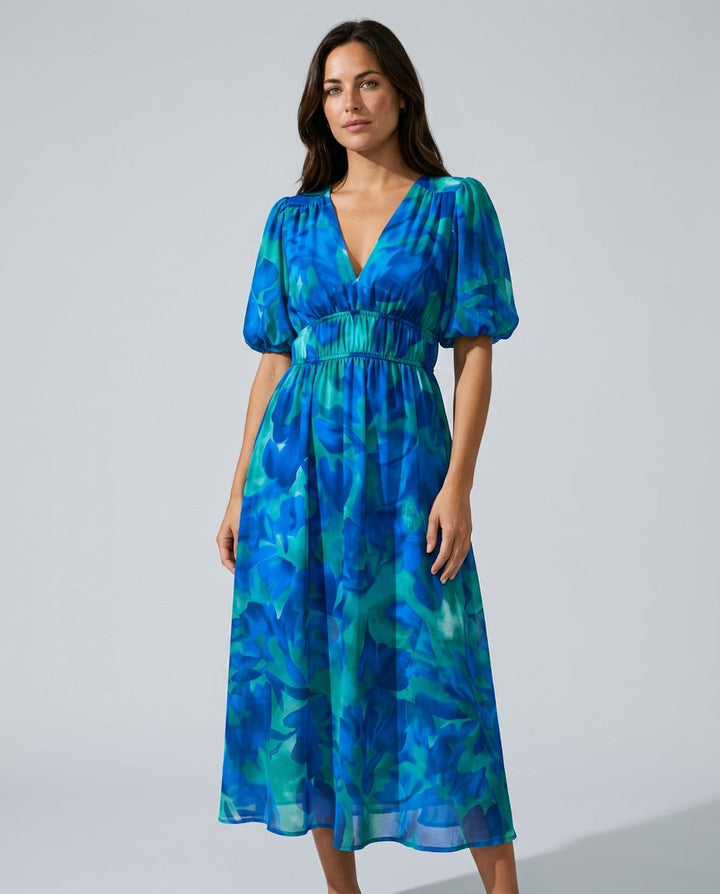 Dahlia | Floral Puff Sleeve Party Midi Dress