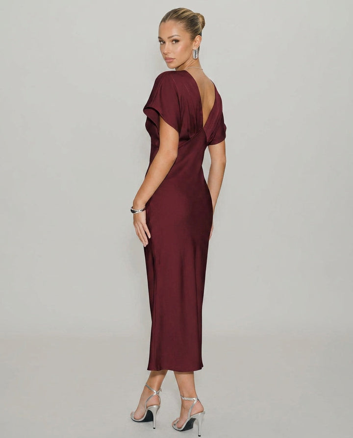 Cleo | Wine Red Satin Cowl Neck Midi Dress