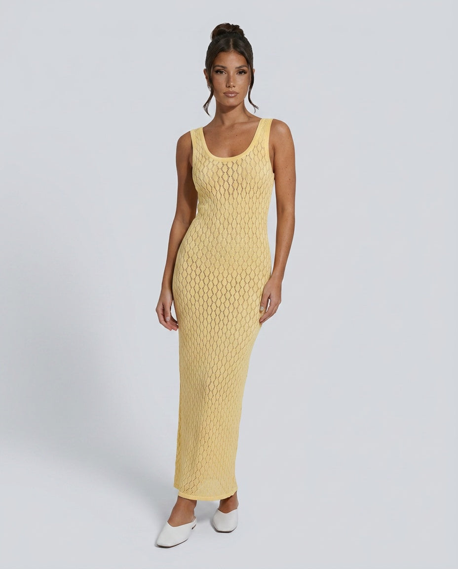 Clio | Openwork Fitted Yellow Maxi Dress