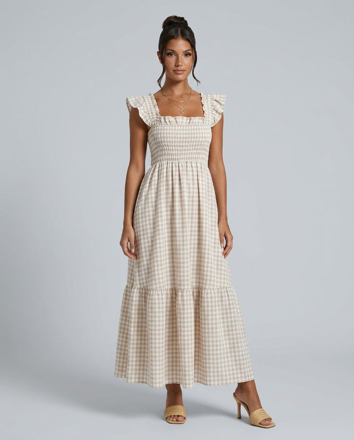 Celeste | Smocked Gingham Ruffle Sleeve Maxi Dress