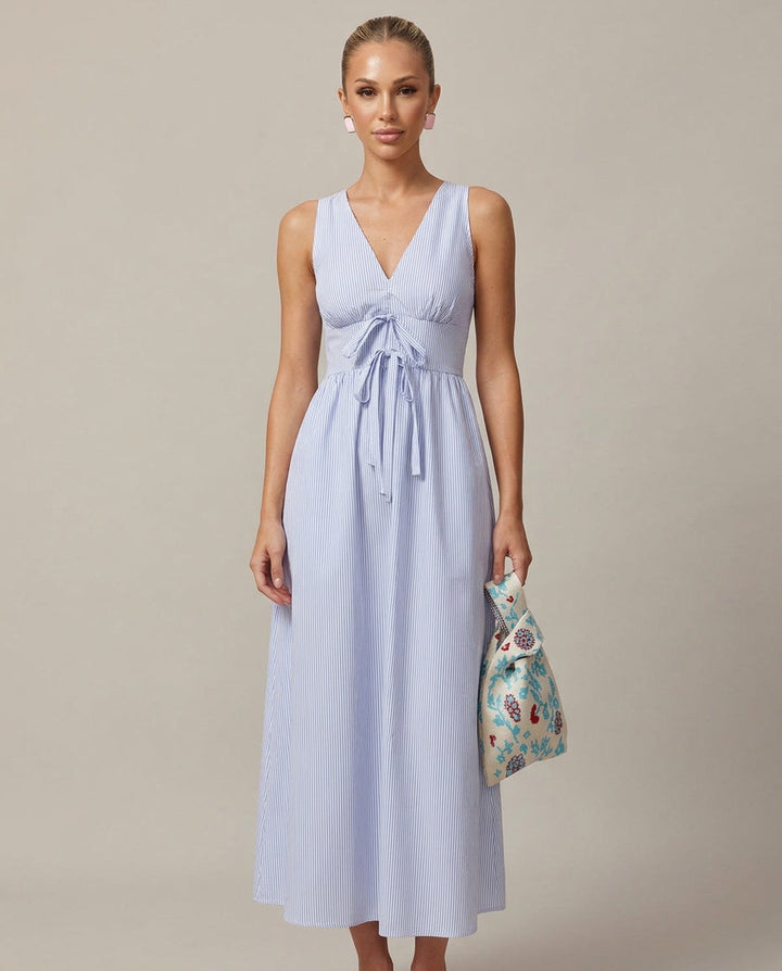 Indira | V-Neck Shirred Striped Maxi Dress