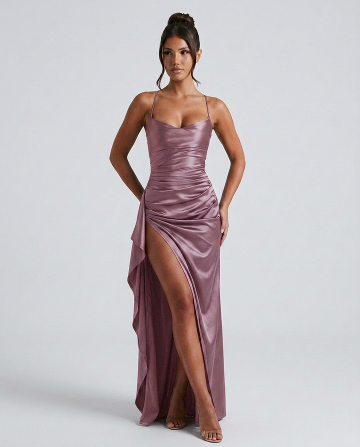 Sabine | Draped Ruched Waist Satin Maxi Dress