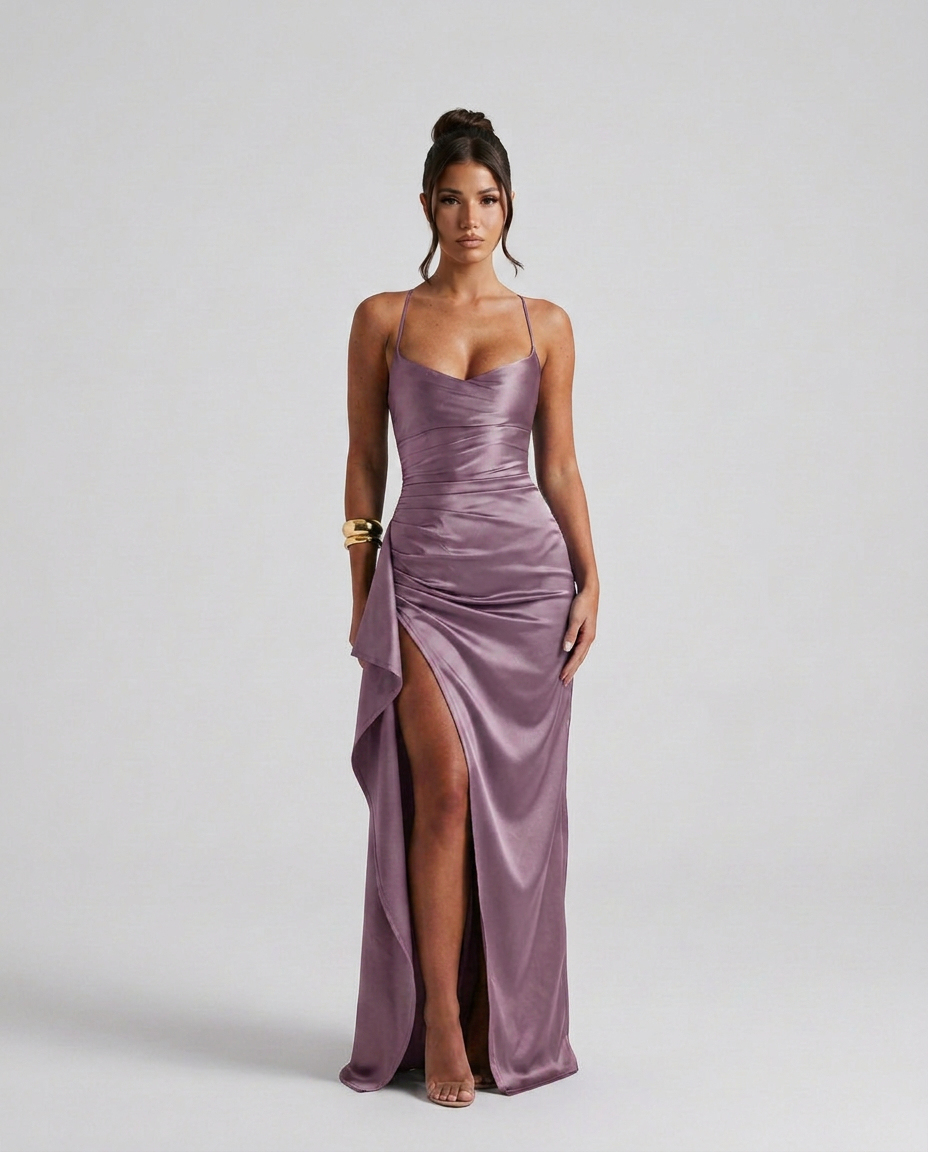 Sabine | Draped Ruched Waist Satin Maxi Dress