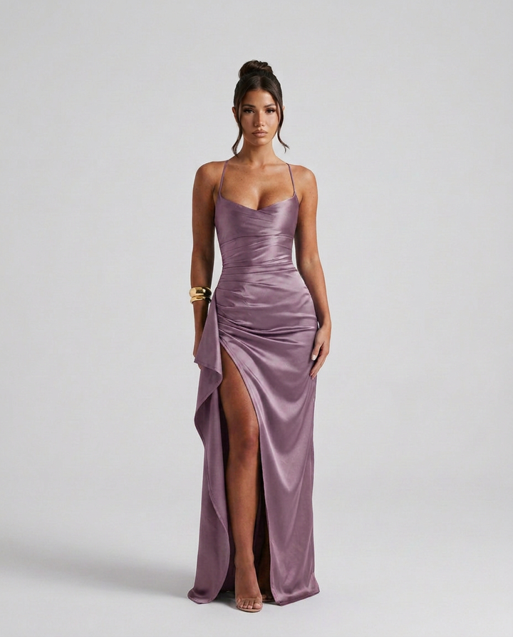 Sabine | Draped Ruched Waist Satin Maxi Dress