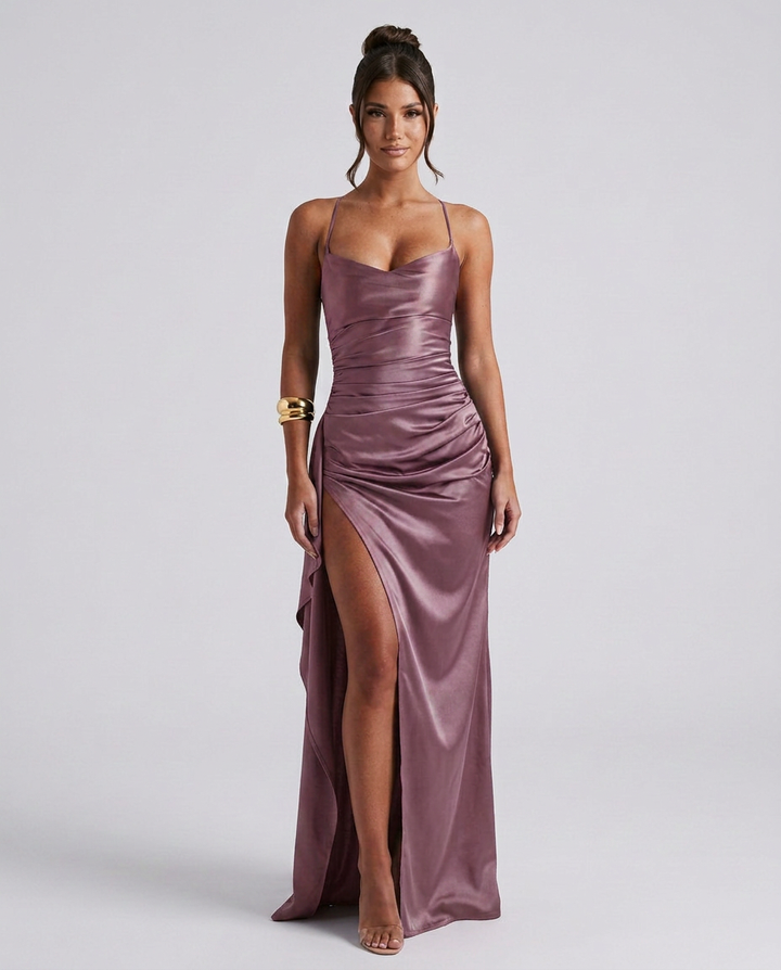 Sabine | Draped Ruched Waist Satin Maxi Dress