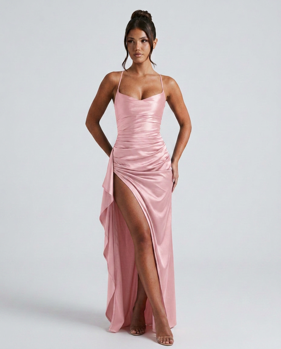Sabine | Draped Ruched Waist Satin Maxi Dress