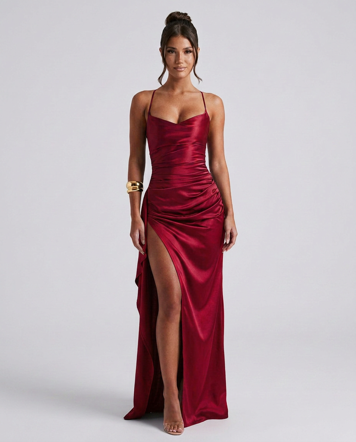 Sabine | Draped Ruched Waist Satin Maxi Dress