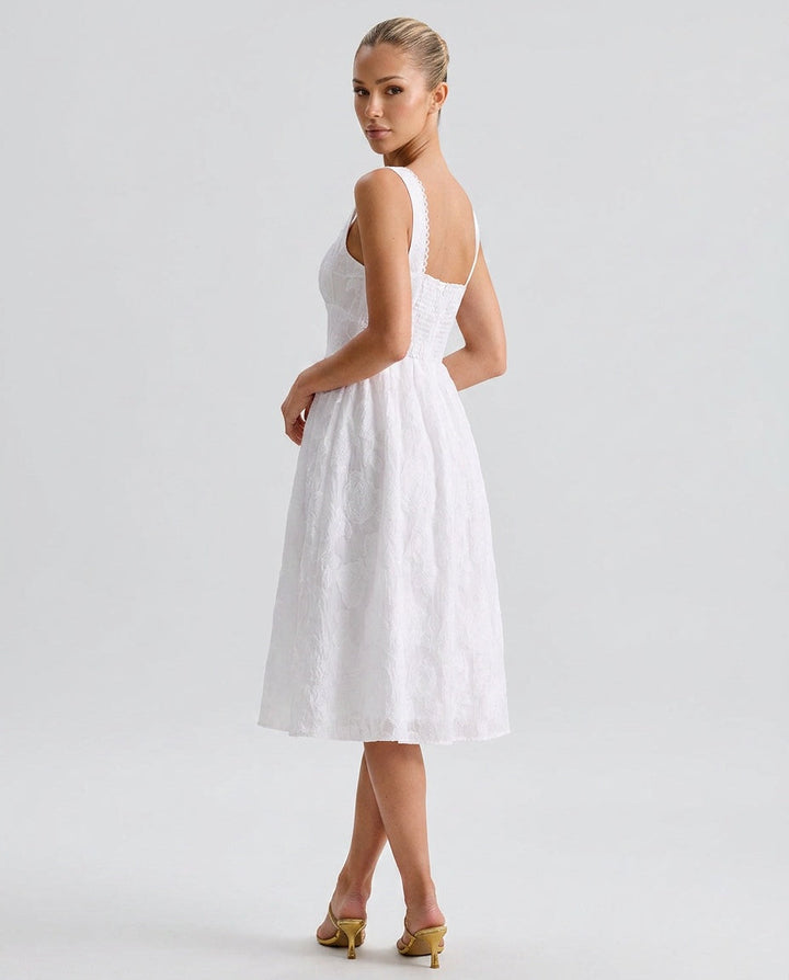 Willa | Shirred Jacquard Slip Midi Dress