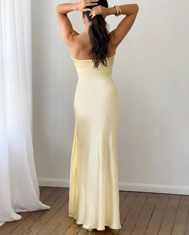 Novie | Tie Detail Satin Strapless Maxi Dress