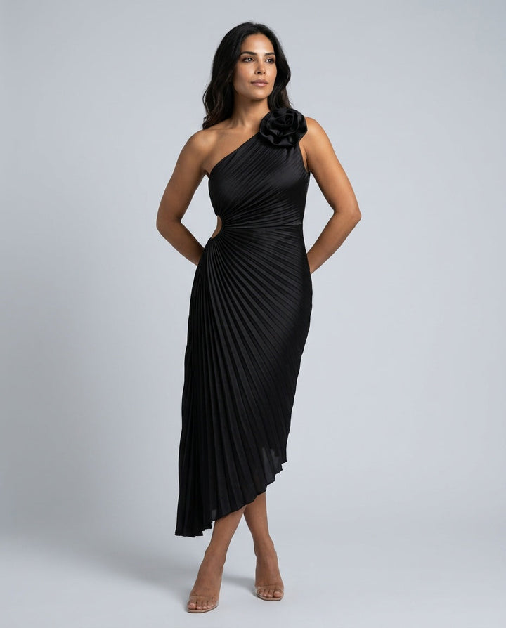 Willa | Shoulder Pleated Special Occasion Midi Dress