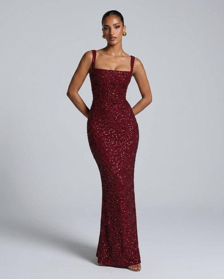 Sabine | Sequin Tie-Up Square Neck Maxi Dress