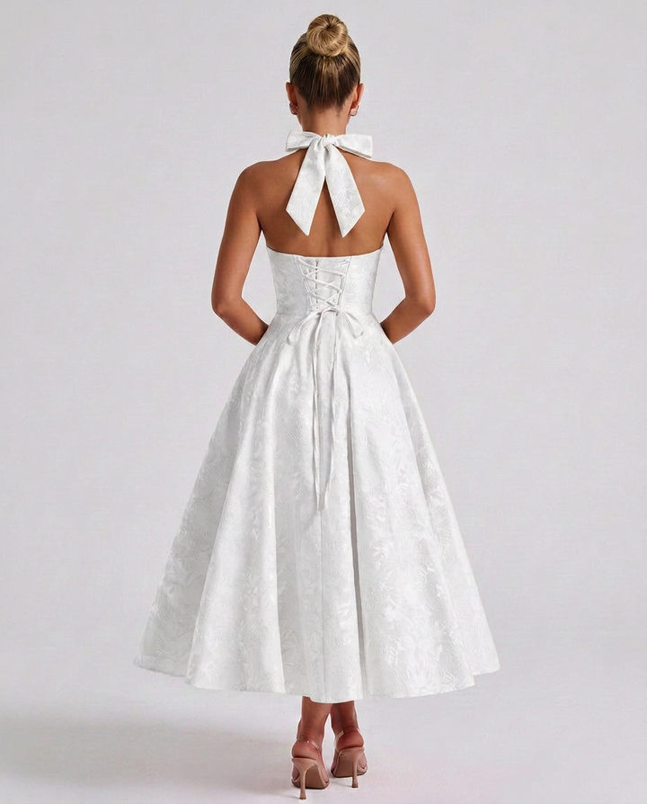 Marci | Midi Dress with Floral Jacquard and Halterneck