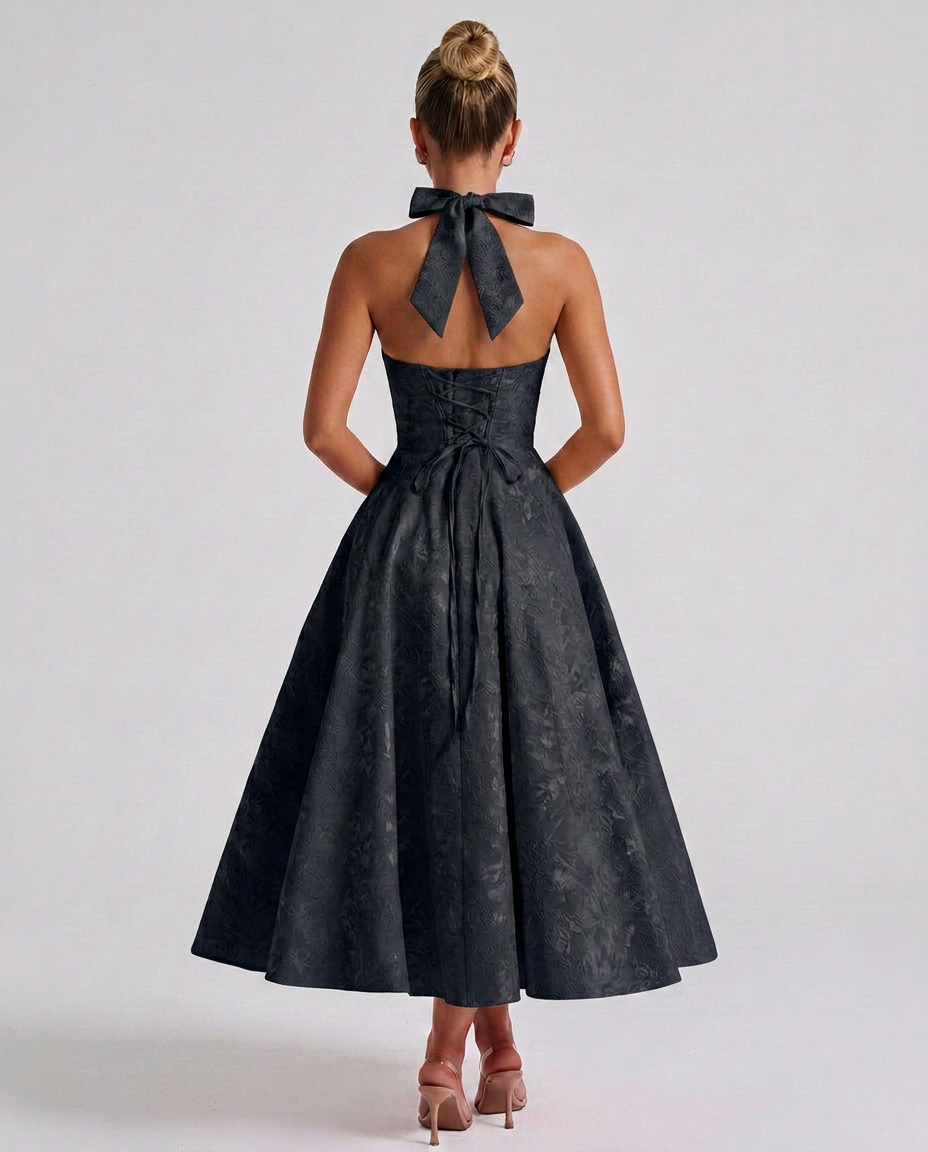 Marci | Midi Dress with Floral Jacquard and Halterneck