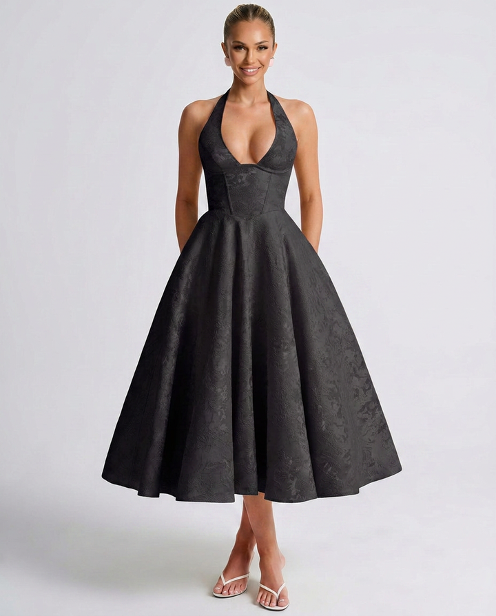 Marci | Midi Dress with Floral Jacquard and Halterneck