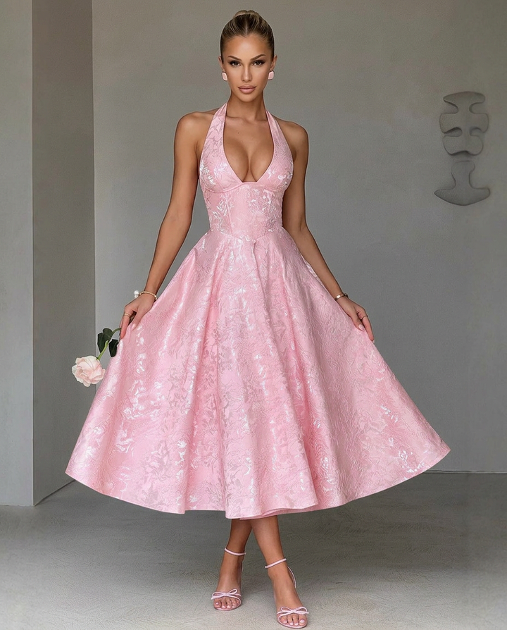 Marci | Midi Dress with Floral Jacquard and Halterneck