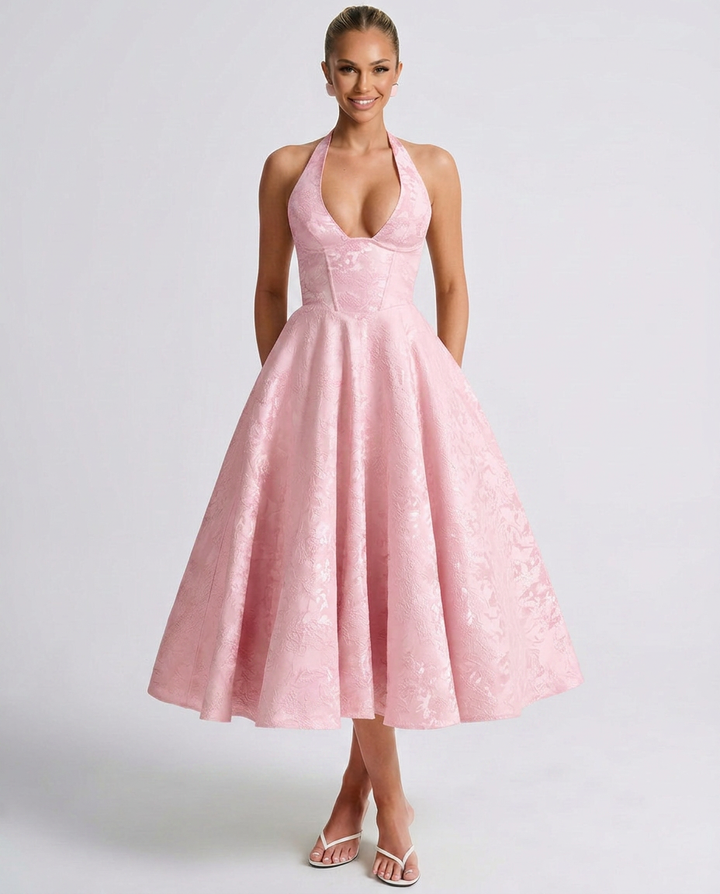 Marci | Midi Dress with Floral Jacquard and Halterneck