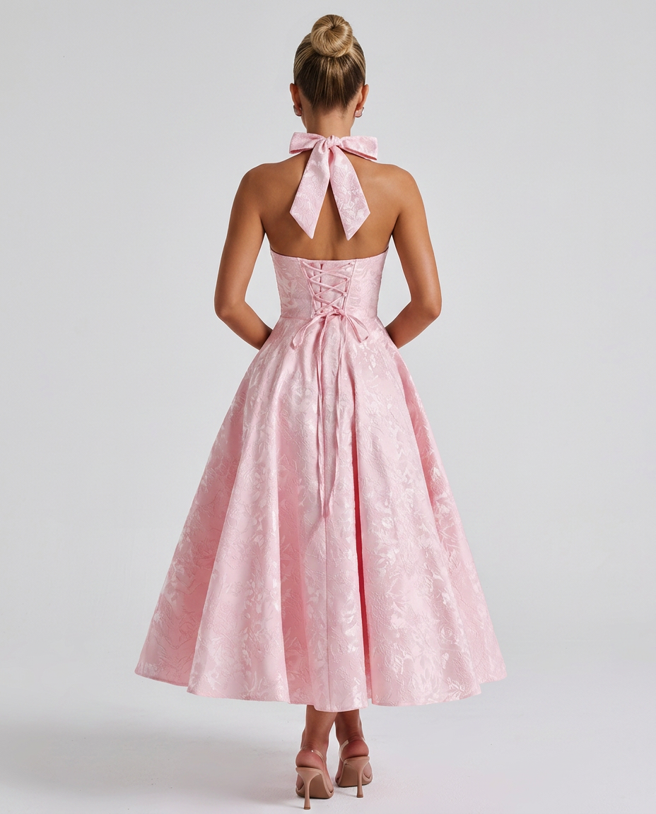 Marci | Midi Dress with Floral Jacquard and Halterneck