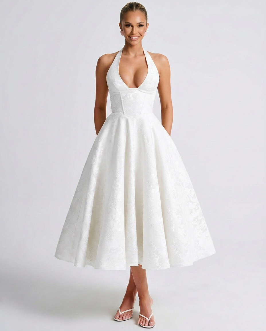 Marci | Midi Dress with Floral Jacquard and Halterneck